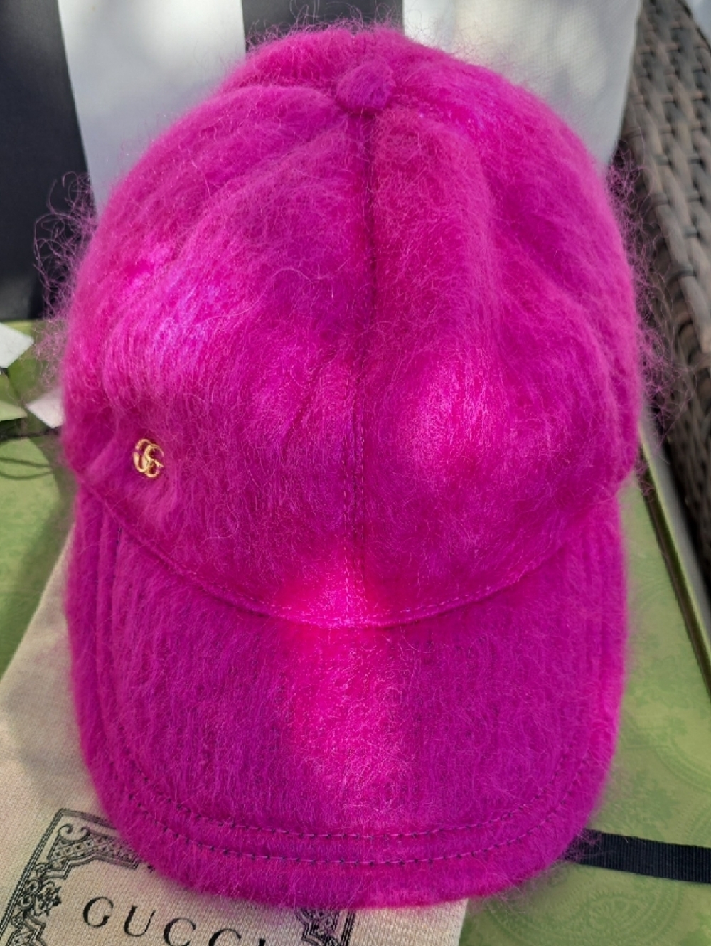 Gucci Fuchsia Mohair Baseball Cap with Gold GG Accent - Picture 3 of 12